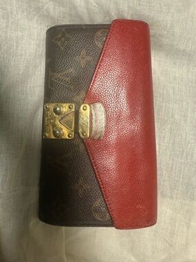 Louis Vuitton Brown Monogram with Red Leather Flap Clutch comes with COA